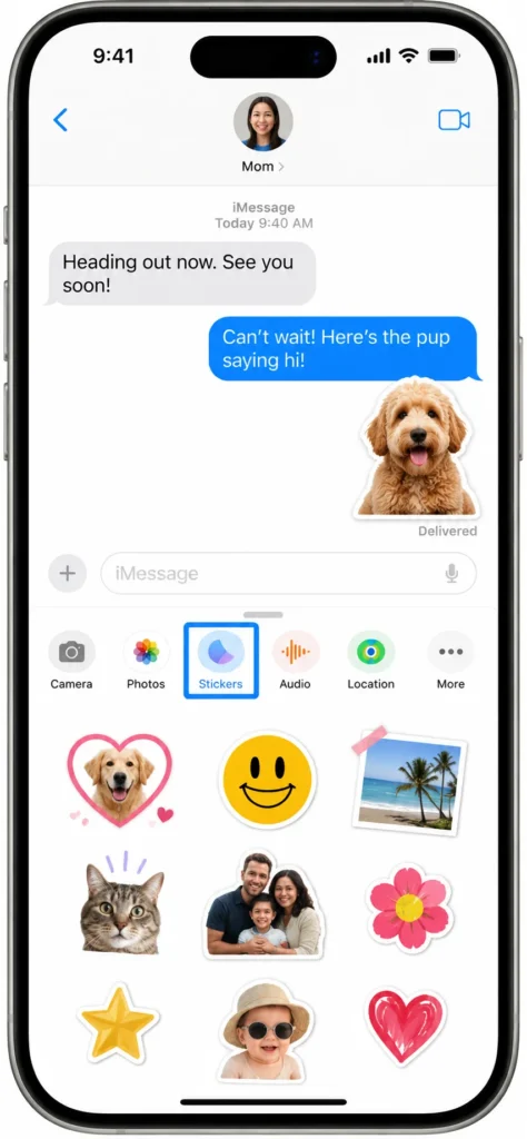 iPhone Messages app showing the sticker collection menu with custom photo stickers displayed in a grid layout, accessed through the plus icon next to the text field