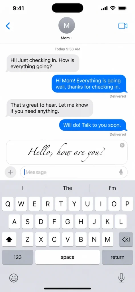 Screenshot of iPhone Messages app showing Hover Typing preview displaying typed text in decorative font in a box positioned above the keyboard while composing a message