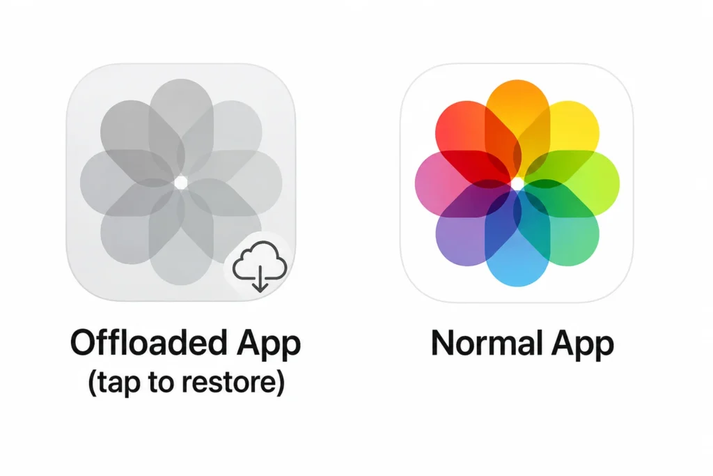Comparison showing the visual difference between an offloaded app icon (greyed with cloud symbol) and a normal app icon on iPhone