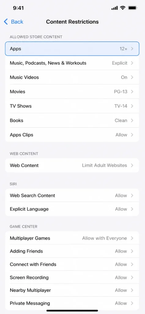 Screenshot showing Apps option in iPhone Settings Content Restrictions menu where app blocking restrictions are controlled