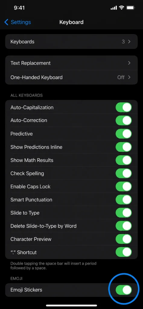 iPhone Settings app showing the Keyboard menu with the Emoji Stickers toggle highlighted and in the on position