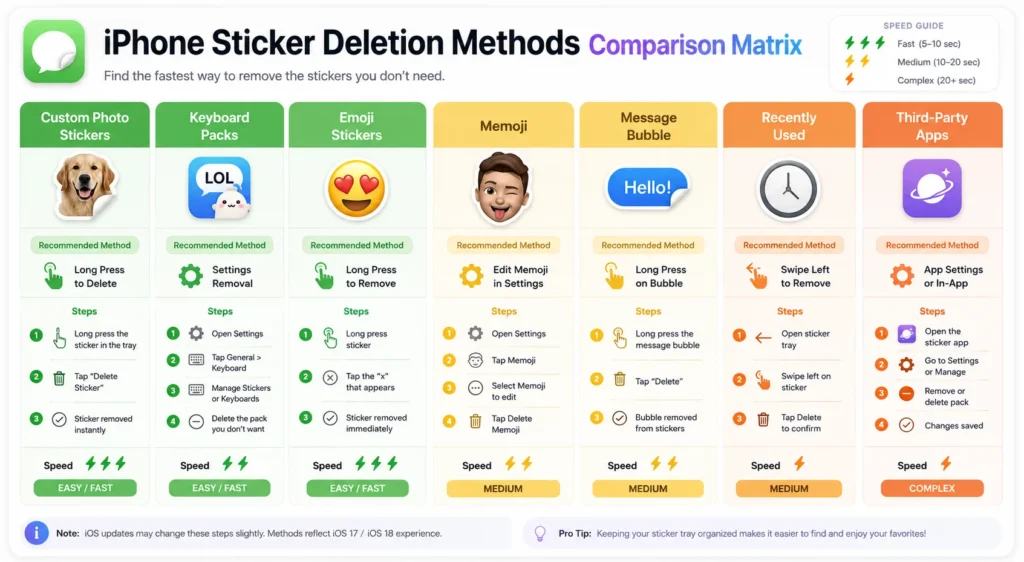 Infographic comparing iPhone sticker deletion methods across seven sticker types with difficulty levels and speed indicators for each method