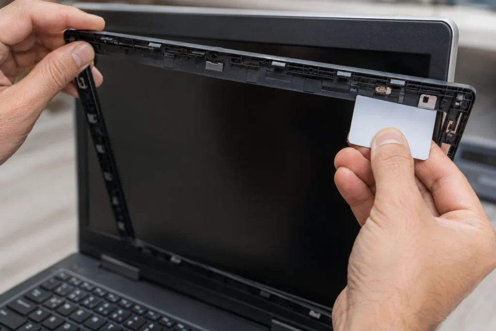 Demonstration of proper plastic pry tool technique for safely removing laptop screen bezel by gently inserting tool between bezel and frame at shallow angle to release plastic clips without breaking