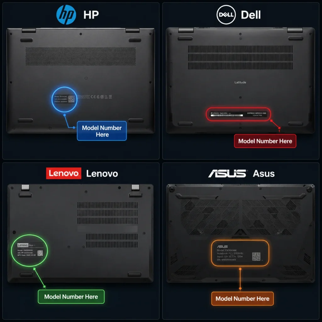Infographic showing the bottom view of HP, Dell, Lenovo, and Asus laptops with highlighted locations of model numbers and service tags needed for downloading correct graphics drivers