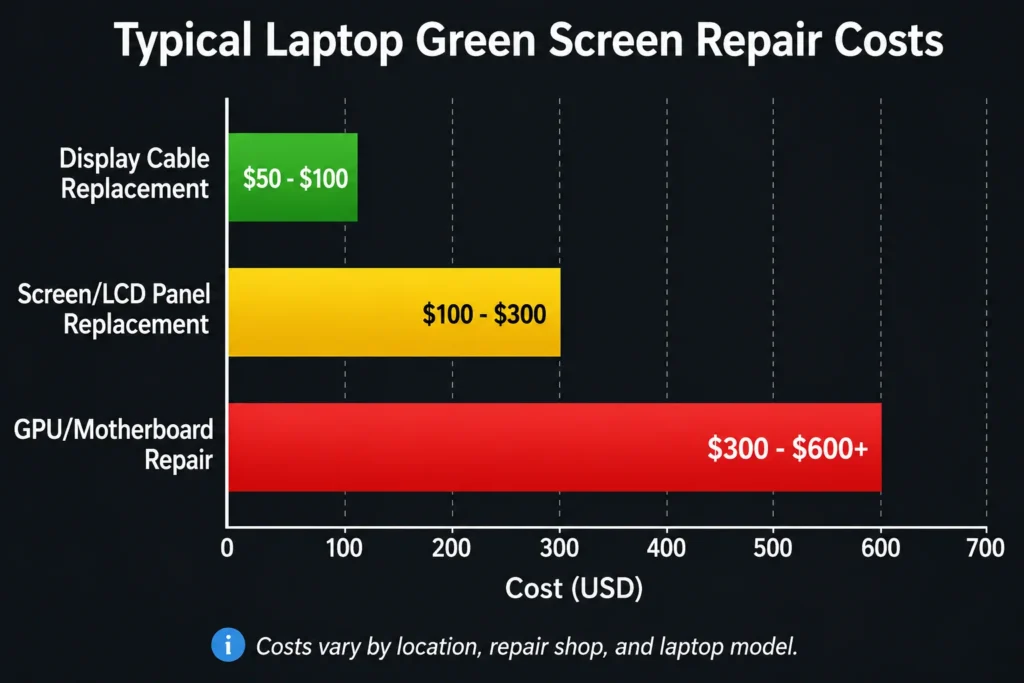 Horizontal bar chart comparing typical laptop repair costs showing display cable replacement ($50-$100), LCD screen replacement ($100-$300), and GPU/motherboard repair ($300-$600) for green screen issues