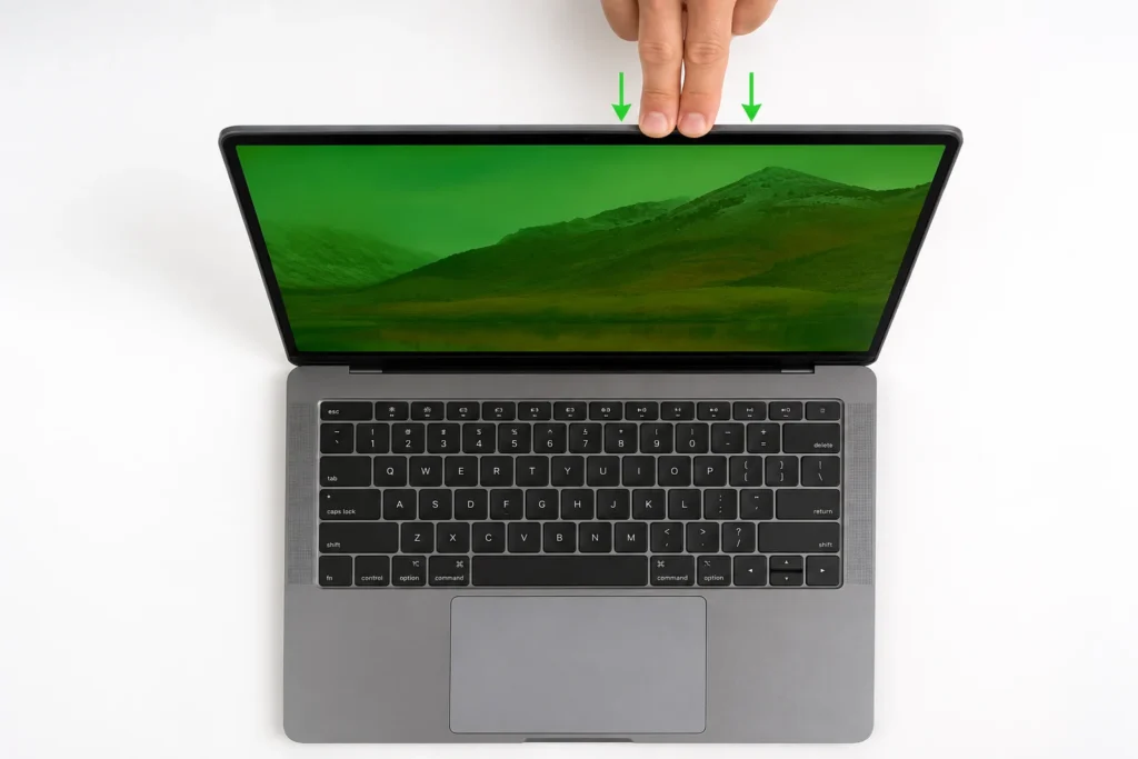 Hands-on demonstration of the 5-second pressure test for detecting loose display cables by gently pressing the top of a laptop lid near the hinges to determine if colors temporarily normalize