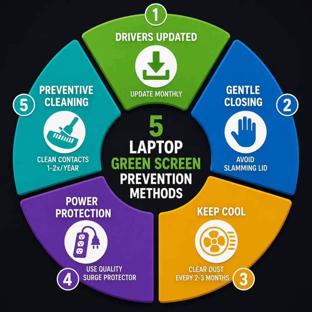 Circular infographic showing five laptop maintenance prevention methods to avoid green screen problems including driver updates, avoiding lid slamming, clearing dust, using surge protectors, and cleaning connectors