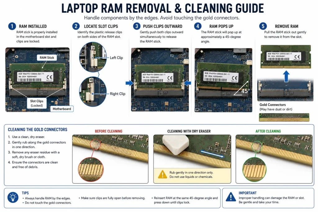 Detailed technical illustration of laptop RAM removal steps including clip locations, release sequence, and gold contact cleaning for Lenovo laptops