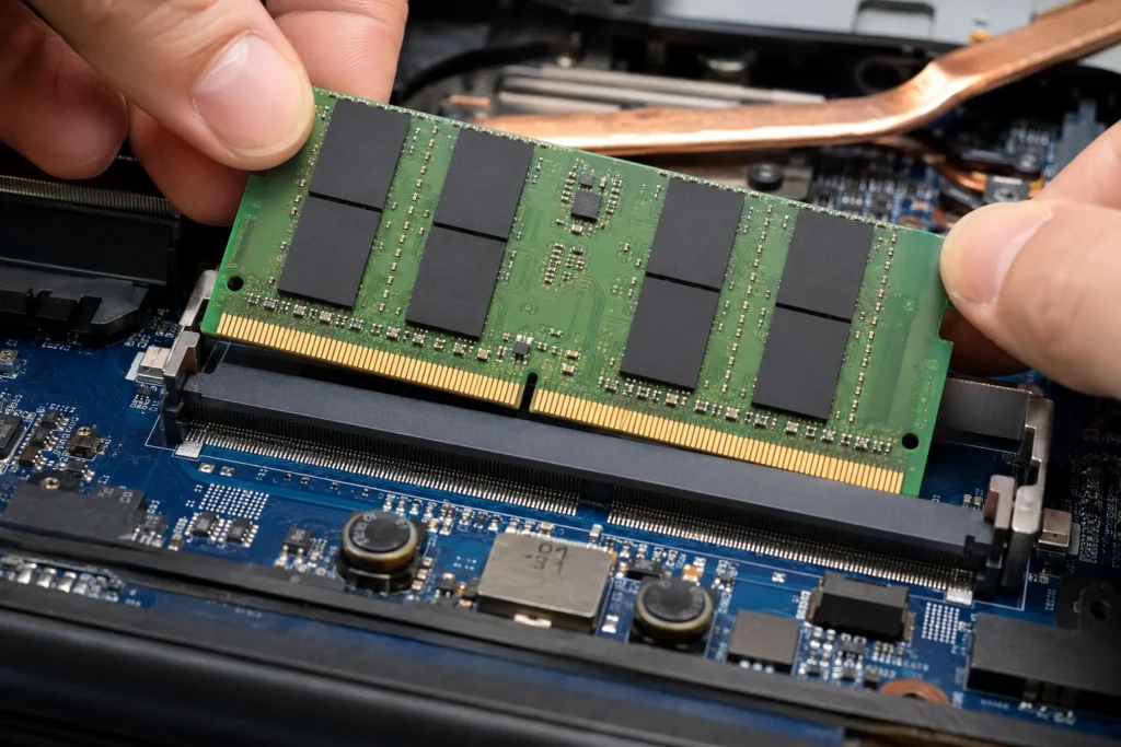 Close-up photo demonstrating the correct 45-degree angle for inserting and removing RAM sticks from laptop motherboard slots while showing gold contact pins that can be cleaned with rubber eraser