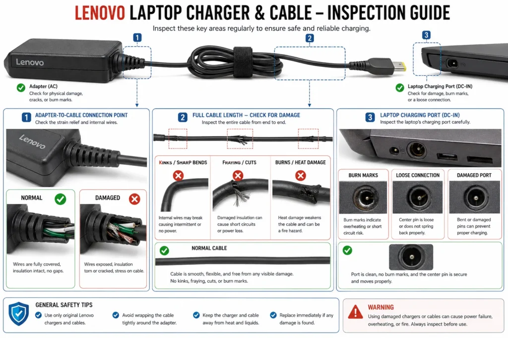 Detailed illustration showing where to inspect Lenovo charger cable and port for damage including burn marks, fraying, kinks, and loose connections