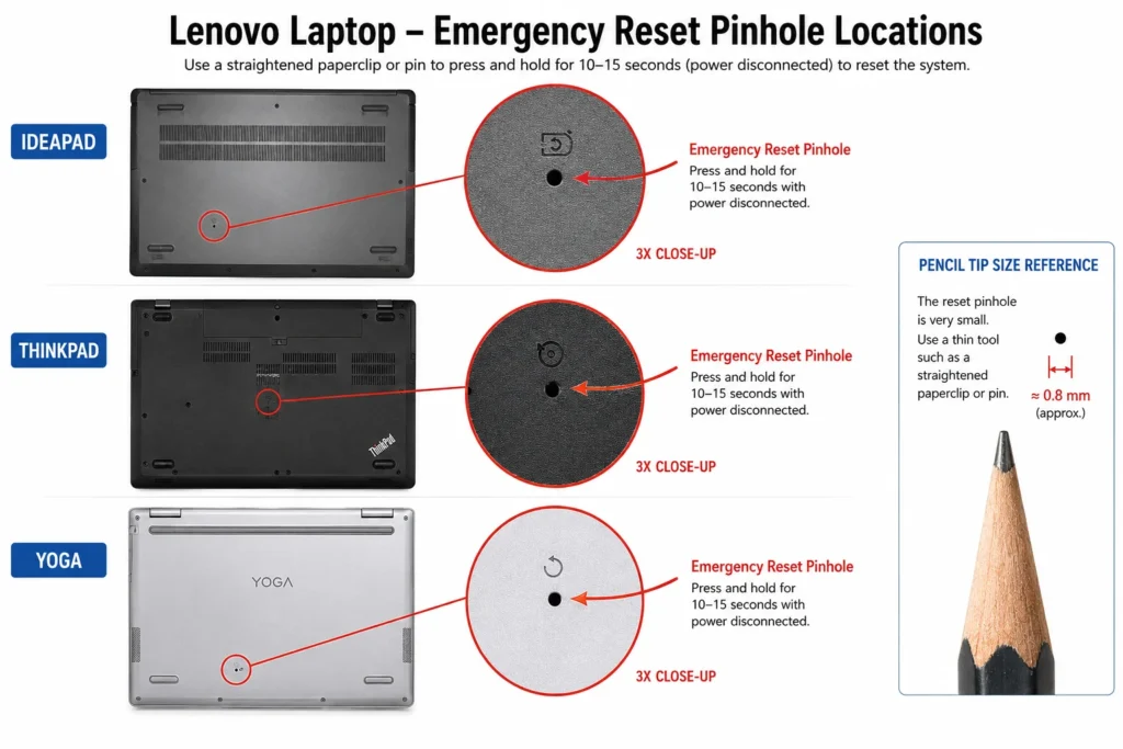 Close-up photography showing emergency reset pinhole locations on Lenovo IdeaPad, ThinkPad, and Yoga laptop bottom panels with clear magnified views