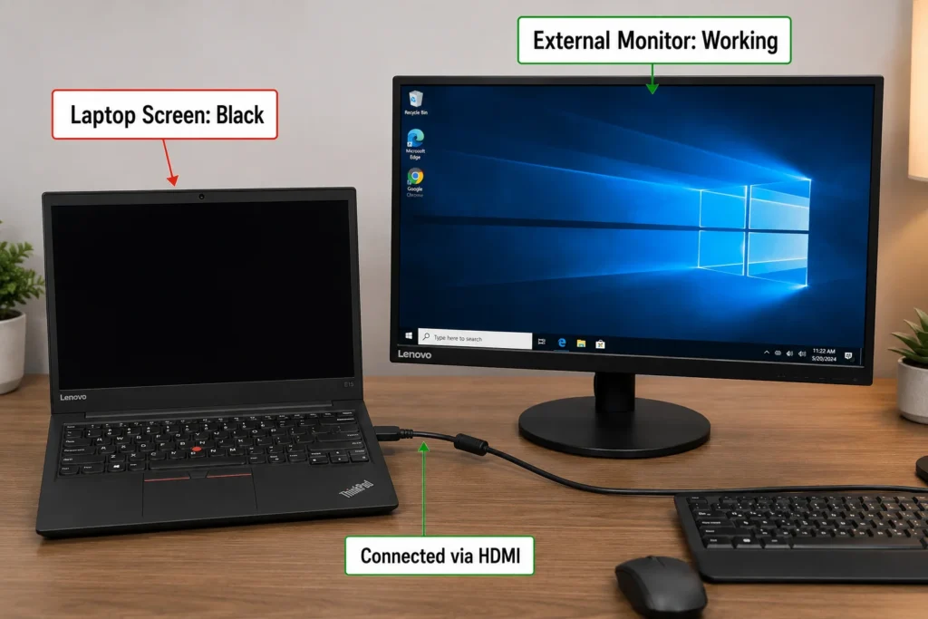 Product photograph showing Lenovo laptop with black screen connected to external monitor displaying working Windows desktop, demonstrating internal display failure vs system failure