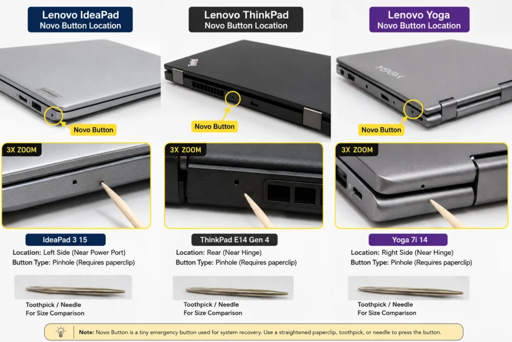 Product photography showing Novo button locations on Lenovo IdeaPad, ThinkPad, and Yoga laptops with magnified close-up views and size comparison