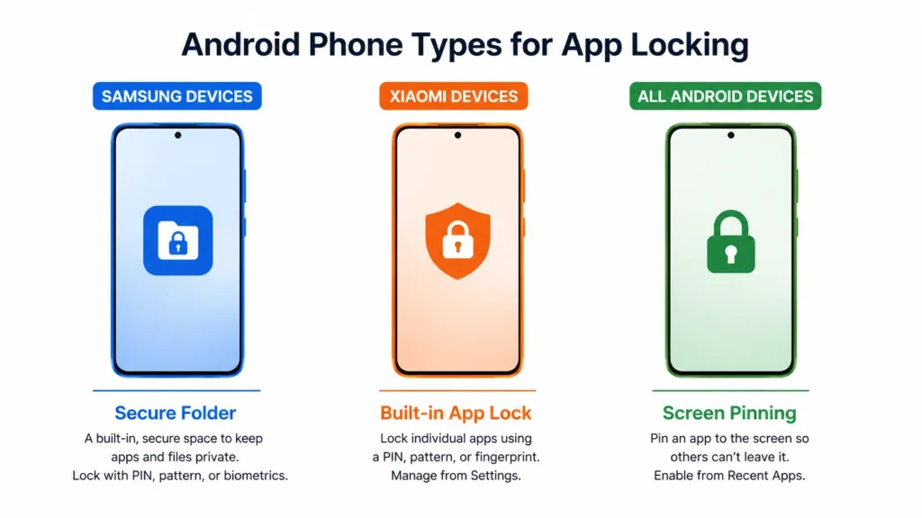 Comparison diagram showing app lock methods for different Android phones — Secure Folder for Samsung, built-in App Lock for Xiaomi, Screen Pinning for Pixel