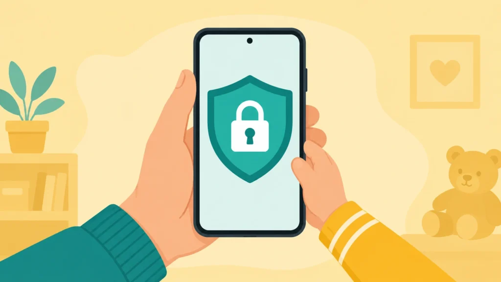 "Illustration of adult and child hands holding an Android phone with a shield padlock icon representing parental controls and child lock app protection on Android