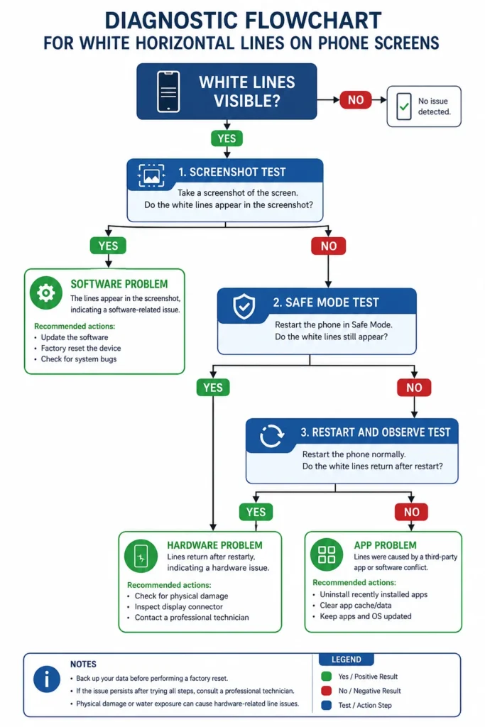 Flowchart diagram showing three diagnostic tests for determining if white horizontal lines on phone screen are software or hardware issues
