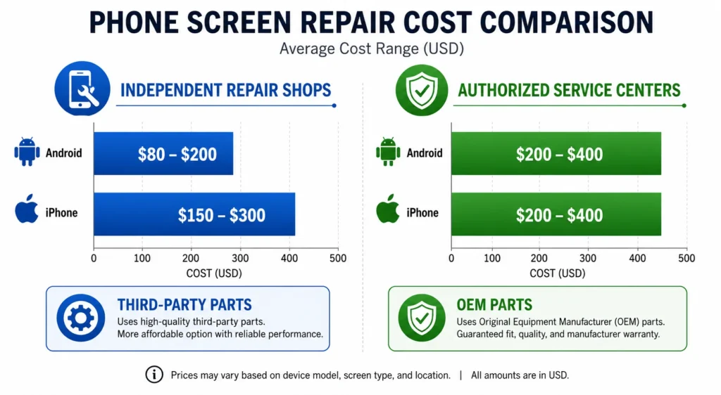 Comparison chart showing phone screen repair costs ranging from $80-400 depending on phone type and whether you choose independent repair shops or authorized service centers for white horizontal lines on phone screen damage