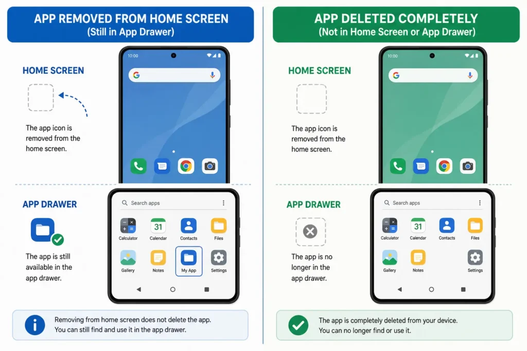 Comparison diagram showing difference between removing an app shortcut from Android home screen versus fully uninstalling the app