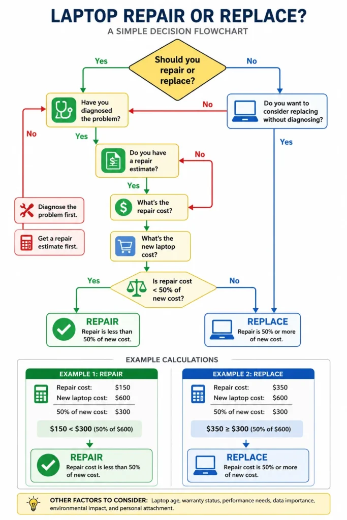 Decision flowchart showing how to determine whether to repair or replace a Lenovo laptop based on repair cost, new laptop cost, and 50 percent threshold calculation