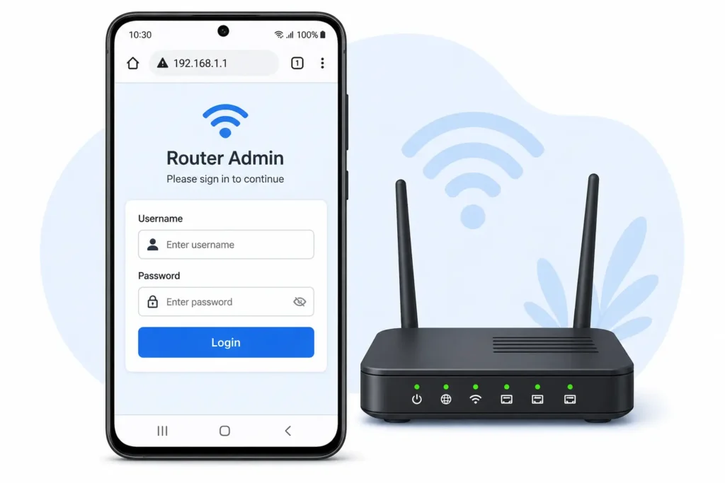 Android phone browser showing router admin login page at 192.168.1.1 to retrieve WiFi password without root access