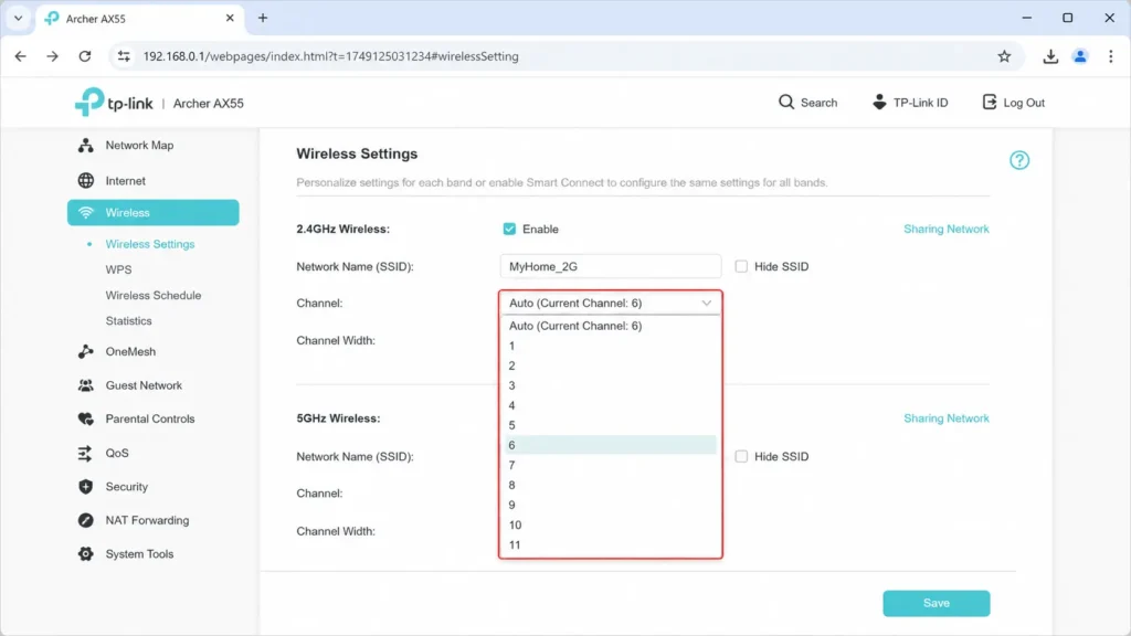 Router admin interface showing wireless settings page with channel dropdown menu highlighted for changing WiFi channel