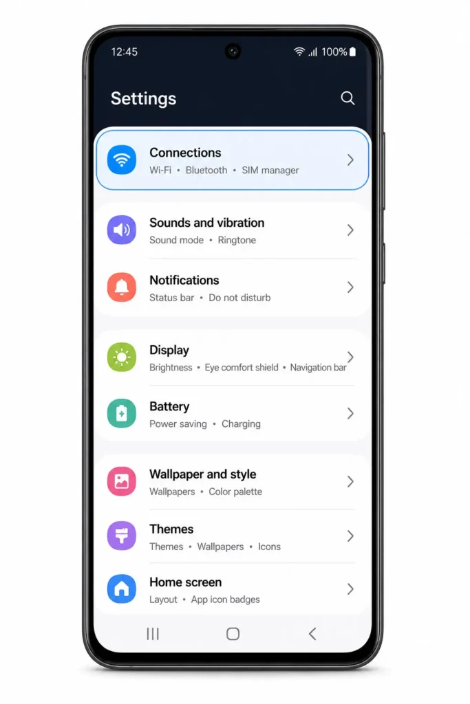 Samsung Galaxy phone showing One UI Settings screen with Connections menu highlighted to access WiFi password settings