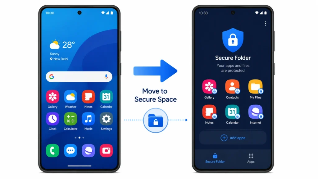 Illustration showing Samsung Secure Folder as a separate protected space from the main Android home screen, with apps isolated inside a secure environment