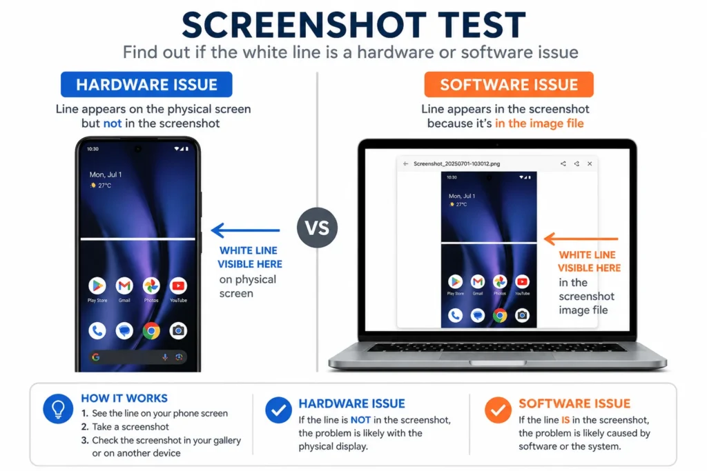 Comparison diagram showing the difference between hardware and software phone screen issues using the screenshot diagnostic test