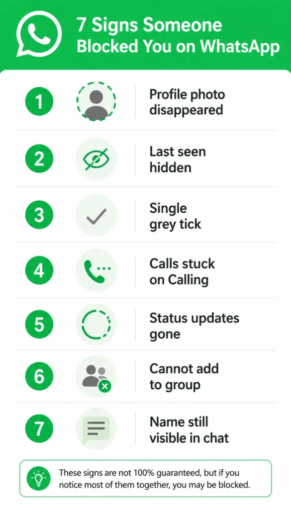 Infographic listing 7 signs someone blocked you on WhatsApp including missing profile photo, single grey tick, and failed calls