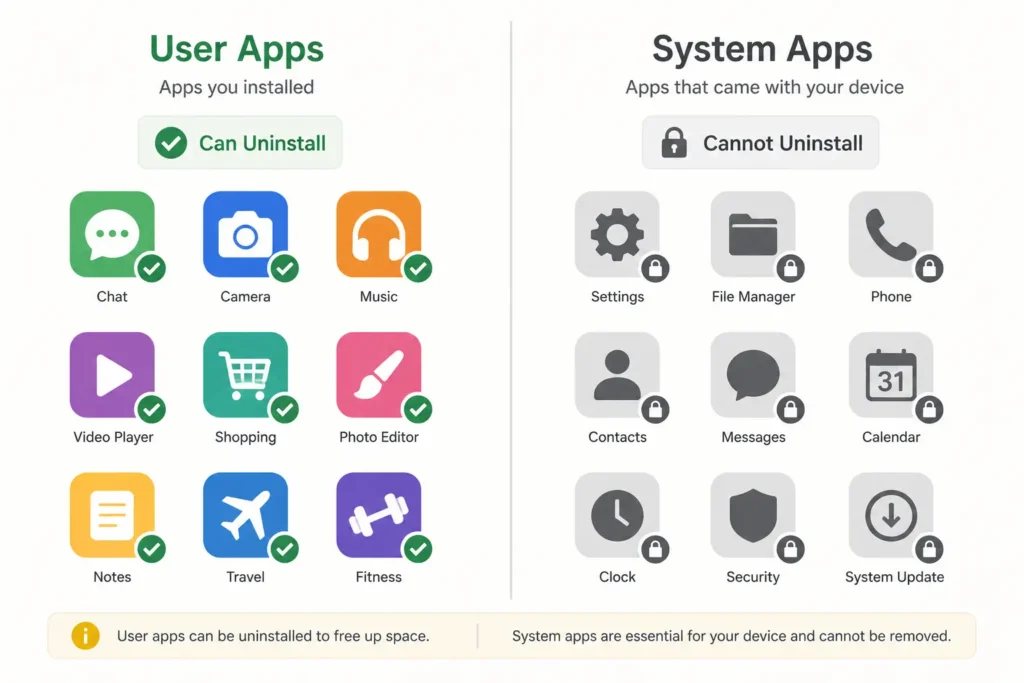Diagram comparing Android user apps that can be uninstalled versus system apps and bloatware that cannot be removed through standard uninstall