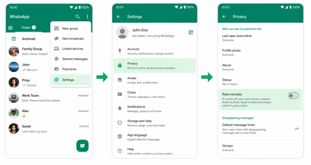 WhatsApp Android settings showing how to disable read receipts: three-dot menu, Settings, Privacy, Read Receipts toggle off