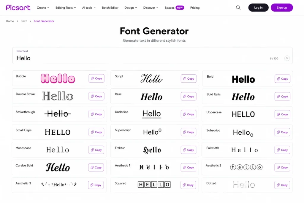 Screenshot of web-based font generator tool showing text input field and multiple stylized versions of the text in decorative fonts including bubble letters, script, and artistic styles ready to copy and paste