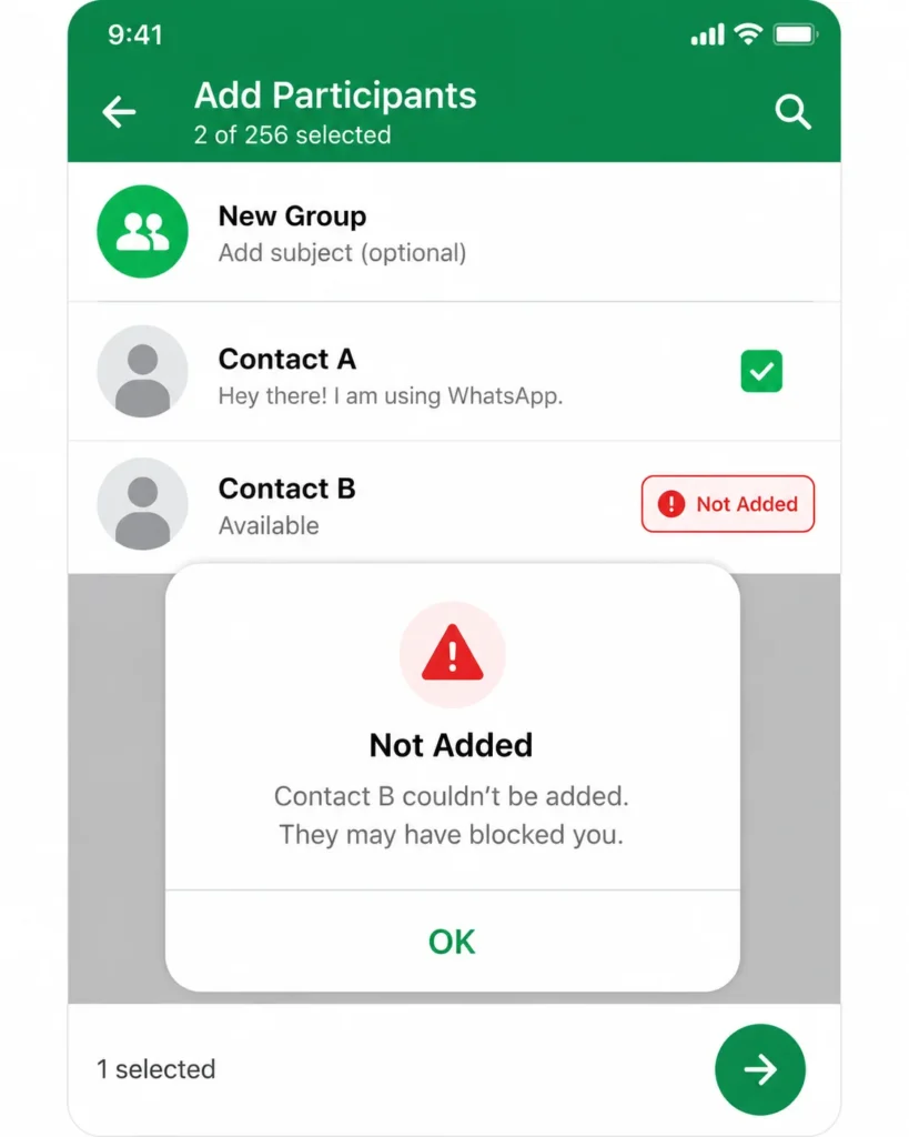 WhatsApp group participant screen showing a "Not Added" error message next to a blocked contact during the group creation test
