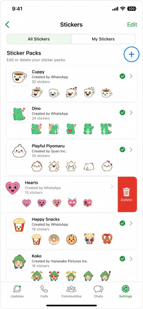 iPhone WhatsApp sticker pack management screen showing installed sticker packs with delete options highlighted