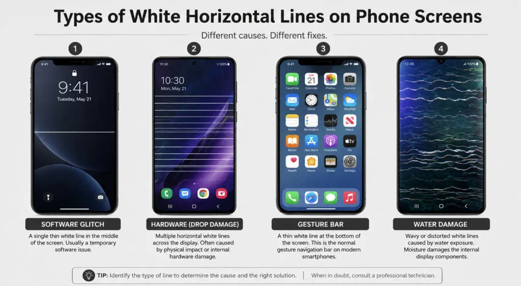 Comparison infographic showing different types and examples of white horizontal lines on phone screen including software glitches, hardware damage from drops, gesture bars, and water damage