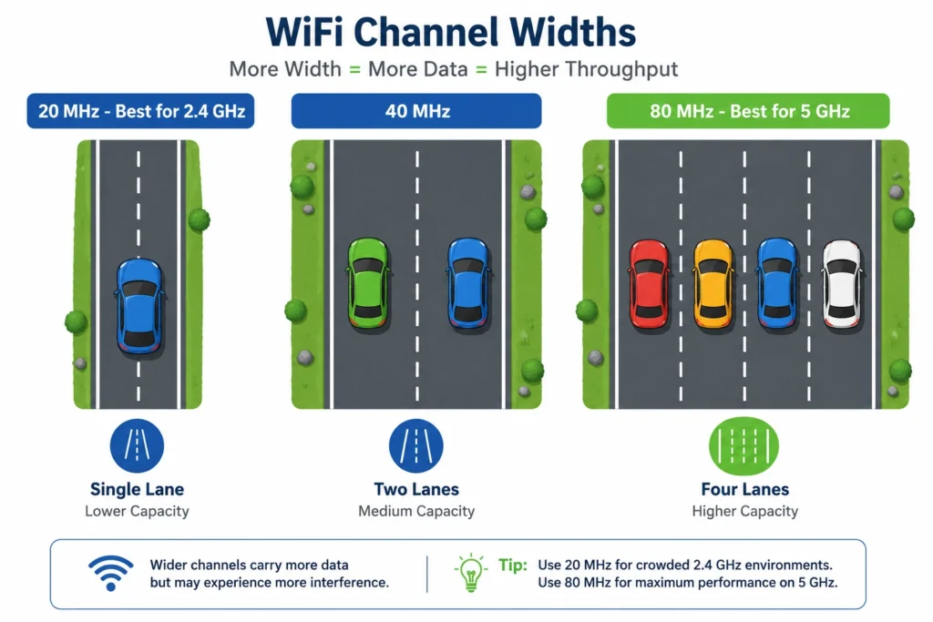 Diagram comparing WiFi channel widths using highway analogy showing 20 MHz, 40 MHz, and 80 MHz bandwidth differences