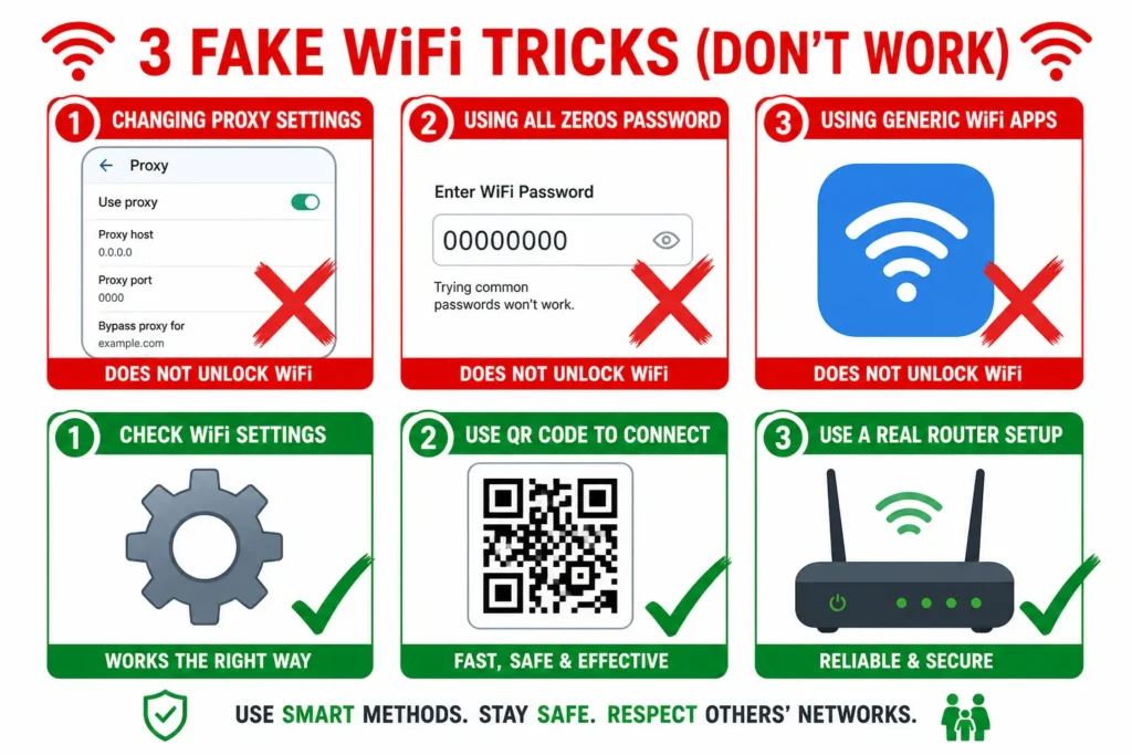 Infographic showing three fake WiFi password tricks with red X symbols versus three real working methods with green checkmarks for Android