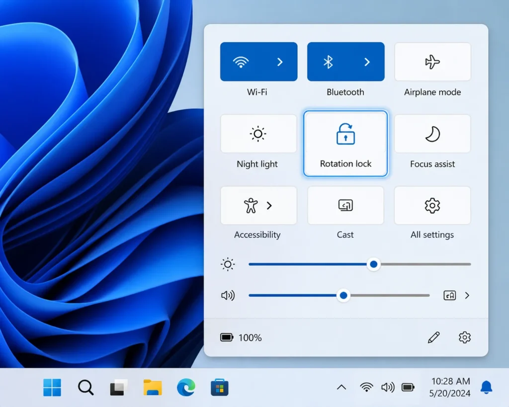 Windows 11 Action Center showing Rotation Lock tile in Quick Settings panel