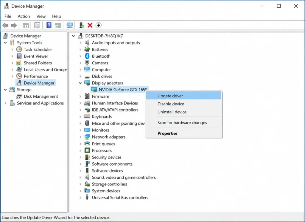 Windows 10 Device Manager window showing Display adapters section expanded with graphics card listed and right-click context menu displaying Update driver option for updating graphics driver to fix green screen issues