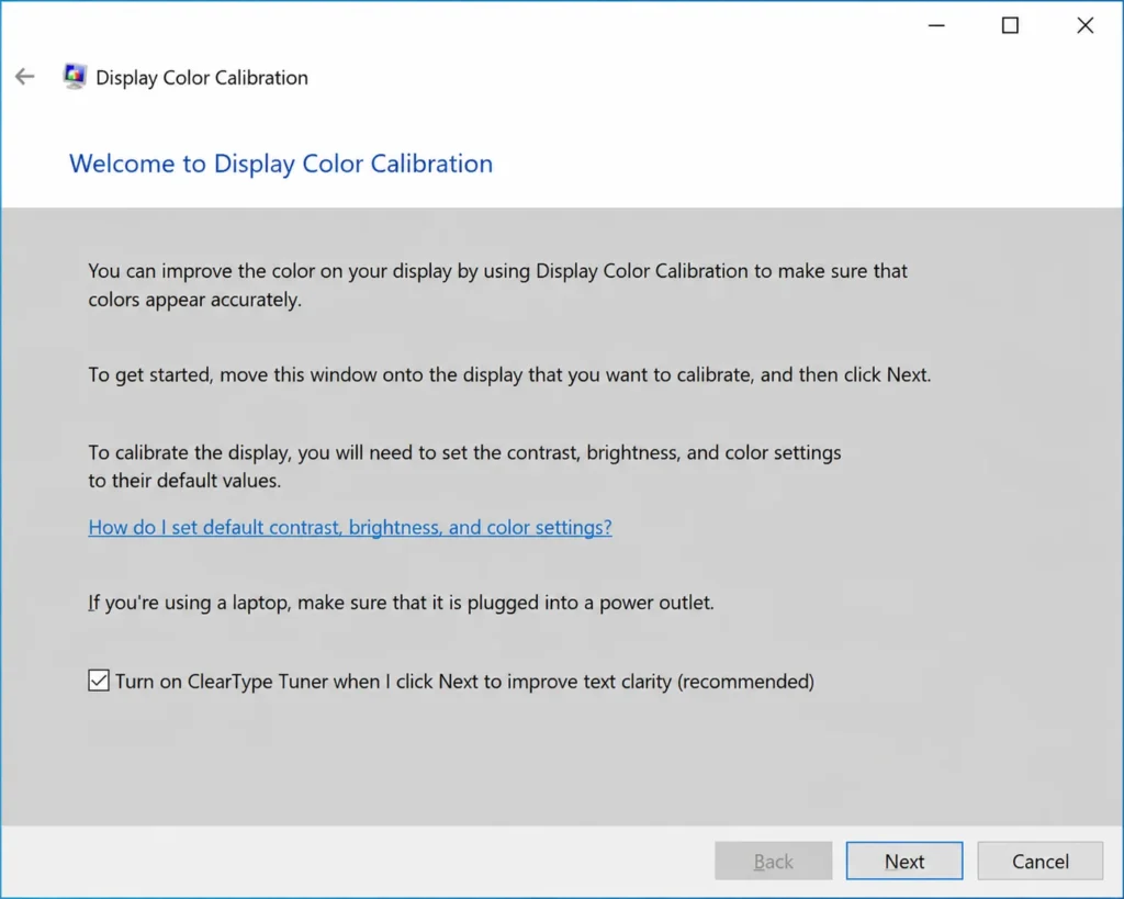 Windows Display Color Calibration Wizard welcome screen showing the first step of the calibration tool used to correct green tint and display color problems through system settings