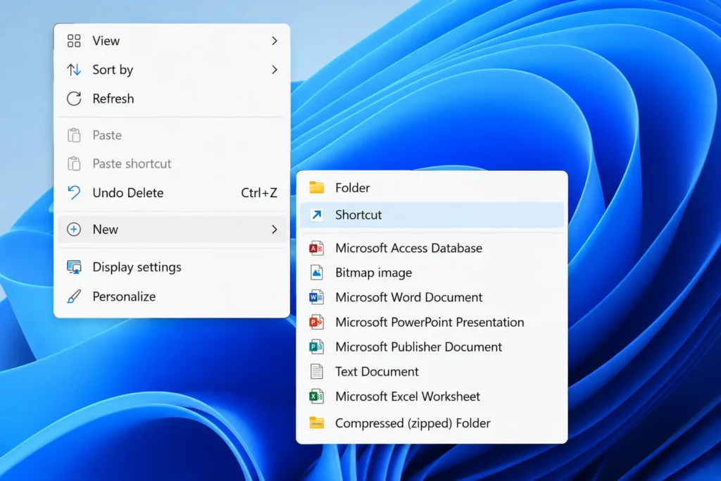 Screenshot of Windows desktop right-click context menu with New option expanded showing Shortcut selection option highlighted.