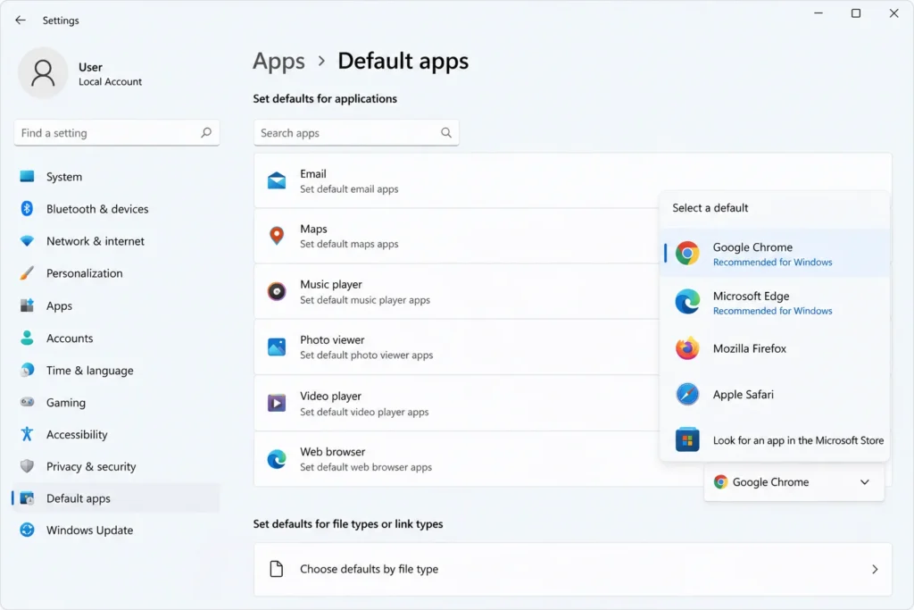 Screenshot of Windows Settings Default apps screen showing Web browser option with dropdown menu displaying available browsers like Chrome, Edge, and Firefox.