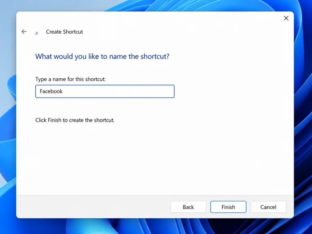 Screenshot of Windows Create Shortcut wizard step 2 showing text field to name the shortcut with example name Facebook entered.