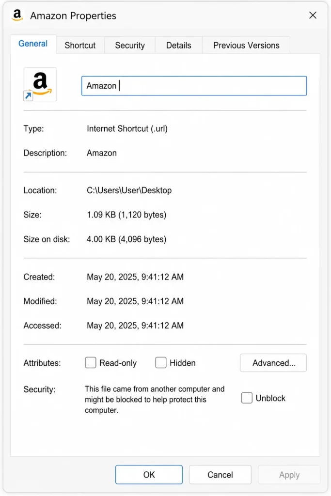 Screenshot of Windows Properties General tab showing shortcut icon preview and editable text field with the current shortcut name that can be changed.