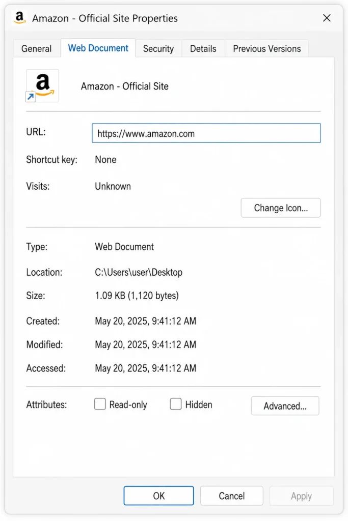 Screenshot of Windows Properties window showing the Web Document tab with URL field containing the website address for the shortcut.