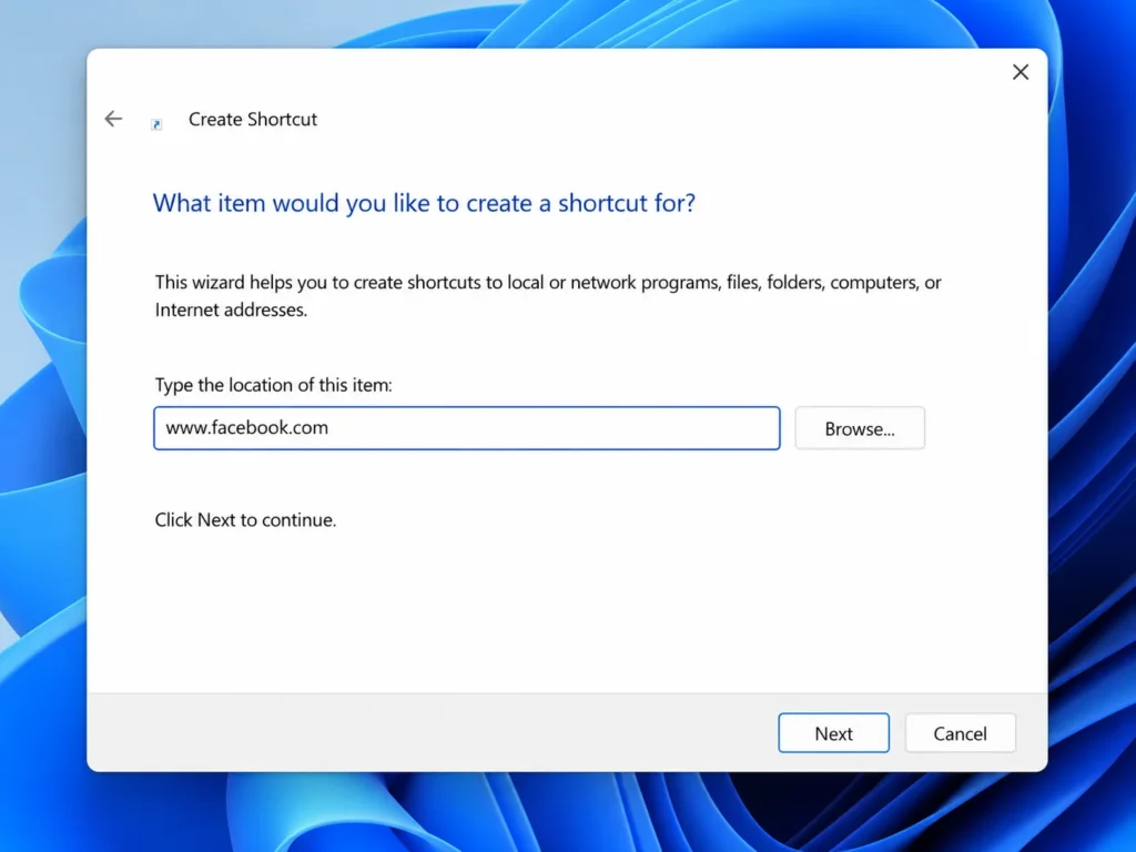 Screenshot of Windows Create Shortcut wizard showing where to type the website URL for the shortcut location field.