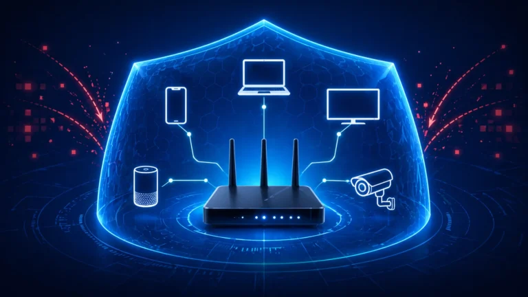 Illustration of home WiFi router protected by digital security shield with connected smart devices on blue background