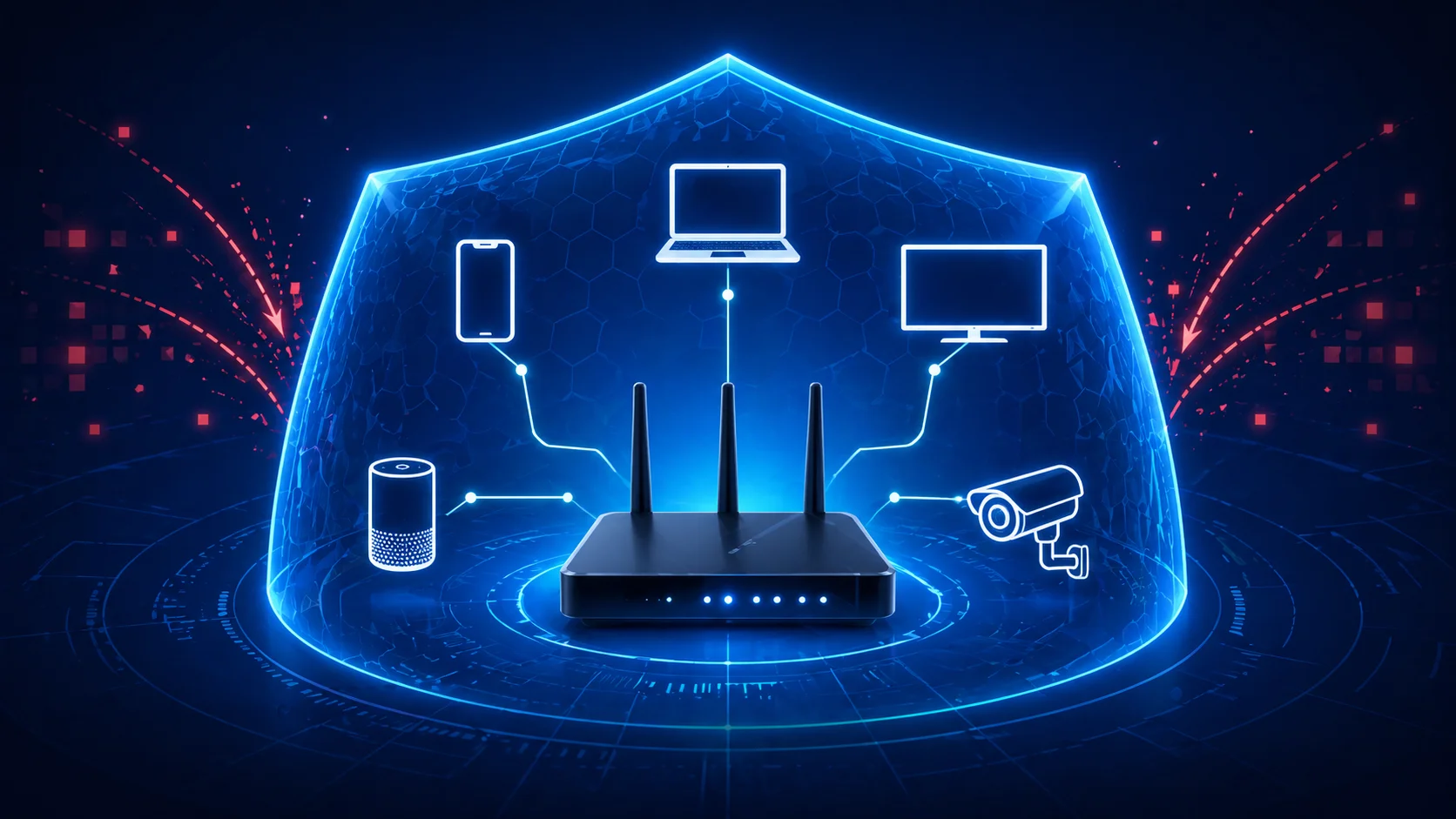Illustration of home WiFi router protected by digital security shield with connected smart devices on blue background