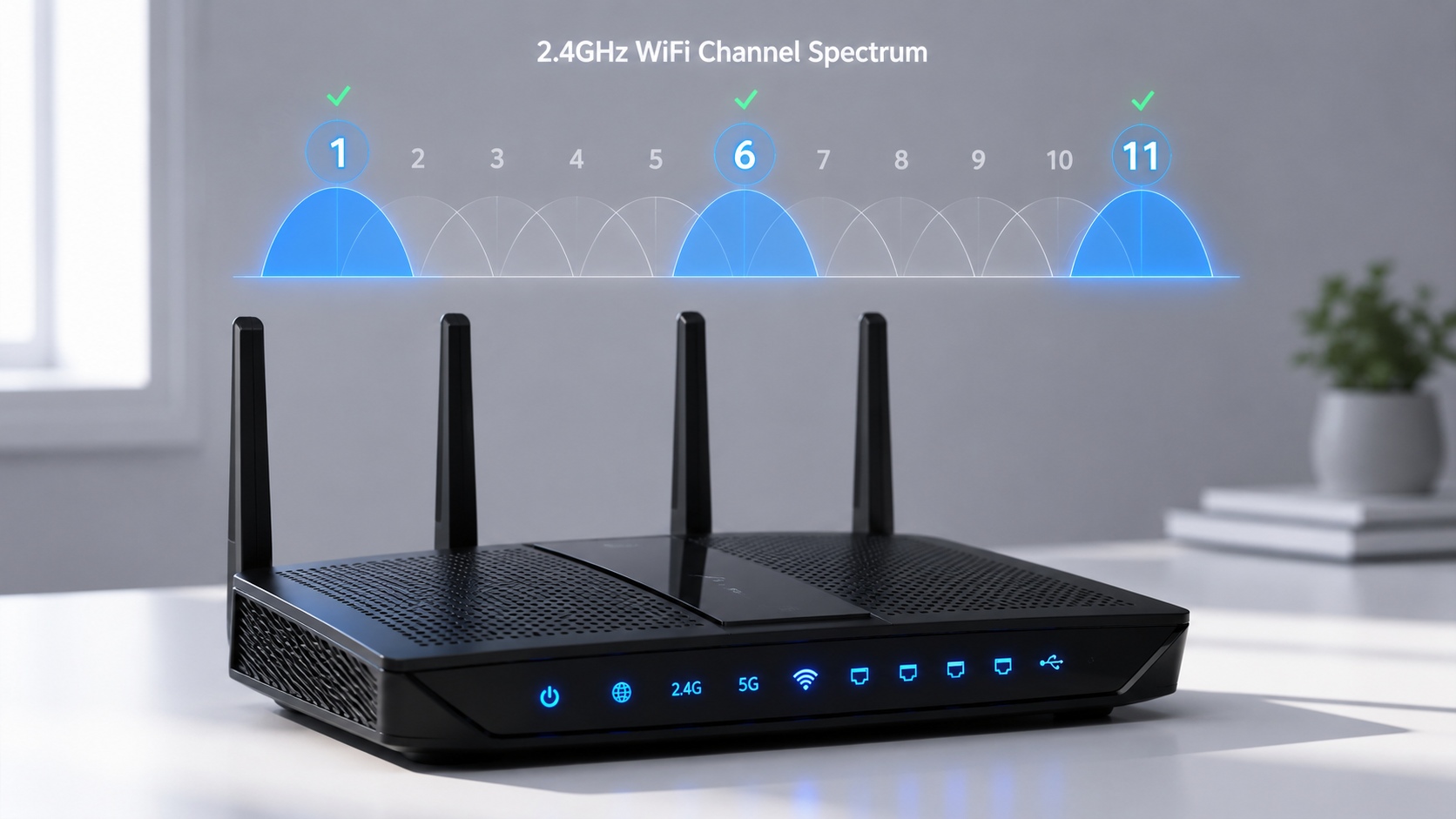 Modern WiFi router with channel diagram overlay showing optimal channels 1, 6, and 11 for improving internet speed and reducing interference