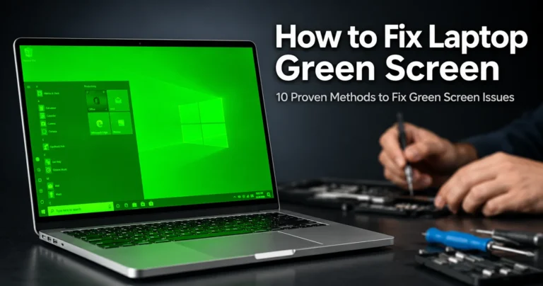 Featured image showing laptop with green screen problem and white text reading "How to Fix Laptop Green Screen - 10 Proven Methods to Fix Green Screen Issues" on dark background with blurred technician hands holding repair tool